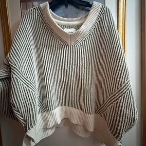 aerie Striped V-Neck Oversized Sweater in Cream & Olive